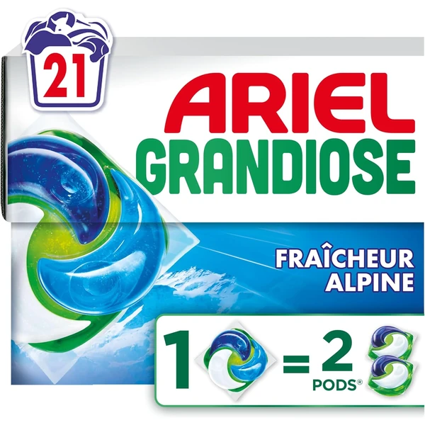 Ariel Grandiose PODS, Lessive Liquide En Capsules 21 Lavages, Fraîcheur Alpine 2 X Action Détachante et Anti-O