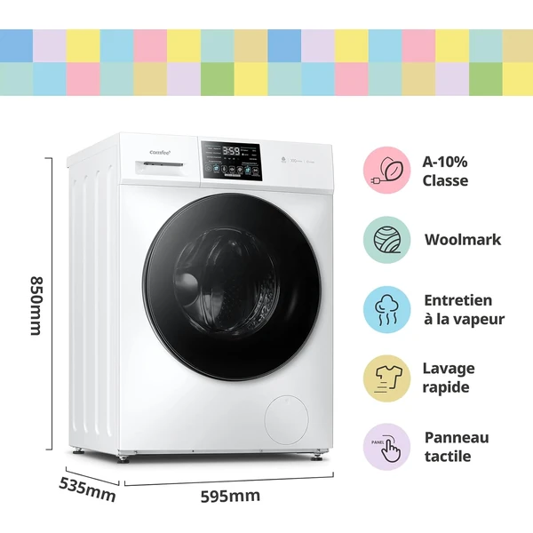 COMFEE' Lave-Linge 10KG Classe A-10% BLDC 1400RPM Blanc CFE12EW100/W-FR | Machine à laver 12 Programmes, Soin