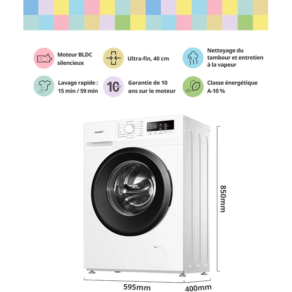 COMFEE' Machine a Laver 7KG Ultra Slim 40cm Classe A-10% 1200RPM CFP01EW70W | 16 Programmes, Woolmark, Rapide